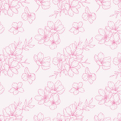 Floral seamless pattern with Sakura. Cherry Blossom background. Eco background. Cherry Blossom and greenery hand drawn line art design. Elegant seamless background minimalist style