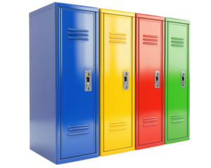 Brightly colored student lockers in blue, yellow, red, and green, offering fun and practical storage solution for school environments