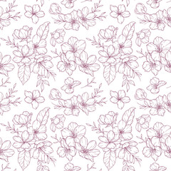 Floral seamless pattern with Sakura. Cherry Blossom background. Eco background. Cherry Blossom and greenery hand drawn line art design. Elegant seamless background minimalist style