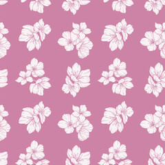 Floral seamless pattern with Sakura. Cherry Blossom background. Eco background. Cherry Blossom and greenery hand drawn line art design. Elegant seamless background minimalist style