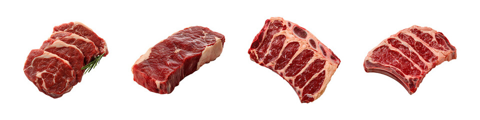 Obraz premium Raw beef cuts – fresh and high-quality meat selection isolated on transparent background clipping path, Png file