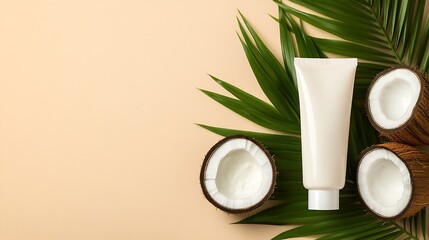 Tropical Beauty: Coconut, Cream Tube, and Palm Leaves on Beige Backdrop