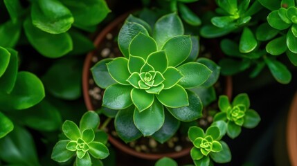 A close-up view of a vibrant green succulent plant in a terracotta pot, surrounded by other similar plants.
