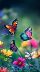 A Trio of Colorful Butterflies Soaring Above a Vibrant Meadow Filled with Blossoming Flowers in Spring Season
