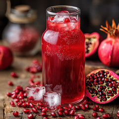 Refreshing pomegranate juice with ice and fresh seeds