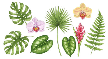 Watercolor painting of exotic tropical flora set against a clean white backdrop