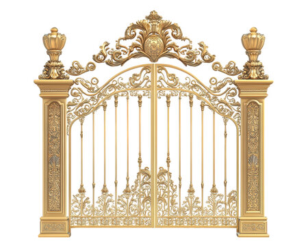 Luxurious golden gate with ornamental details, showcasing regal design and intricate craftsmanship, perfect for grand entrances