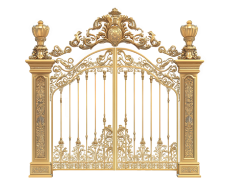 Luxurious golden gate with ornamental details, showcasing regal design and intricate craftsmanship, perfect for grand entrances