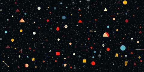 Geometric shapes and stars are scattered across a dark background