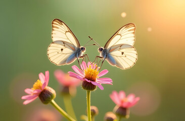 Two butterflies with delicate wings sitting on a flower in soft sunlight. Blurred background highlights the beauty of nature
