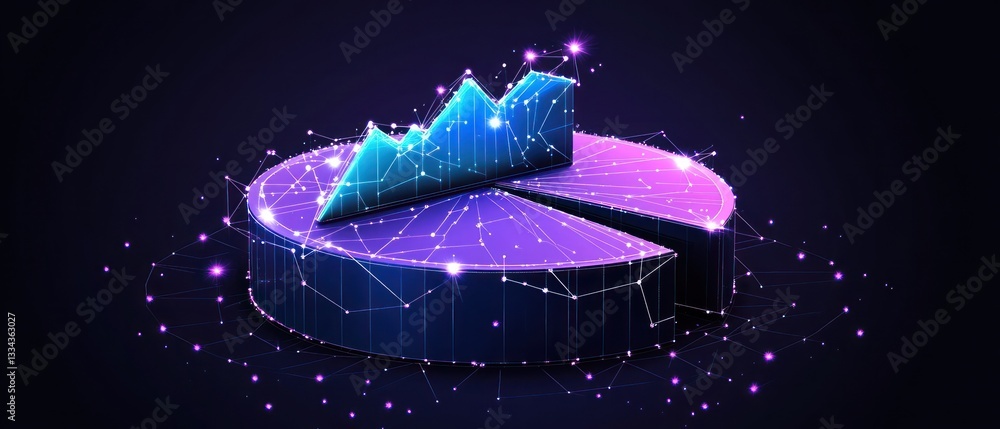 Poster a vibrant 3d pie chart with a rising graph, surrounded by a digital network, representing data analy