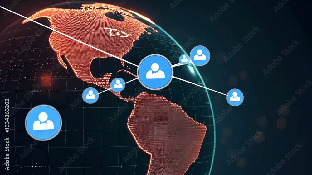 Poster a digital world map with user icons and connections.