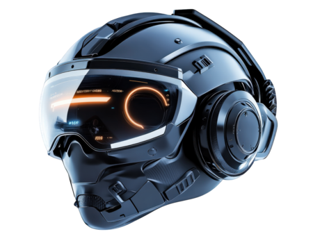 futuristic VR helmet featuring integrated digital HUD, designed for immersive experiences. sleek design and advanced technology enhance virtual reality interactions