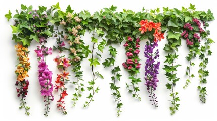 A vibrant and diverse collection of hanging flowering vines with colorful blossoms and lush green foliage isolated on a clean white background creating a natural botanical arrangement