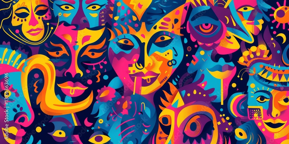 Poster a vibrant and dynamic abstract artwork featuring a multitude of stylized faces and eyes arranged in 
