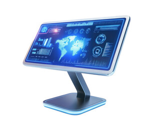 digital smartboard with touchscreen interface displaying global data and analytics. futuristic design features vibrant blue accents and interactive elements, ideal for modern presentations