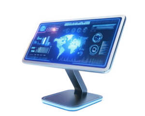 digital smartboard with touchscreen interface displaying global data and analytics. futuristic design features vibrant blue accents and interactive elements, ideal for modern presentations