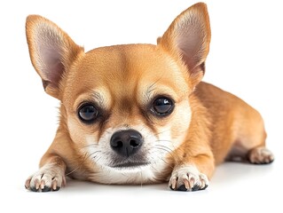 An adorable fawn-colored Chihuahua puppy lies down on a white background looking directly at the camera with big expressive eyes.