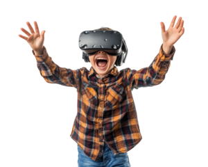 child wearing VR headset with excited expression, arms raised in joy. scene captures thrill of virtual reality experiences