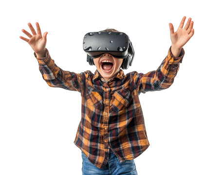 child wearing VR headset with excited expression, arms raised in joy. scene captures thrill of virtual reality experiences