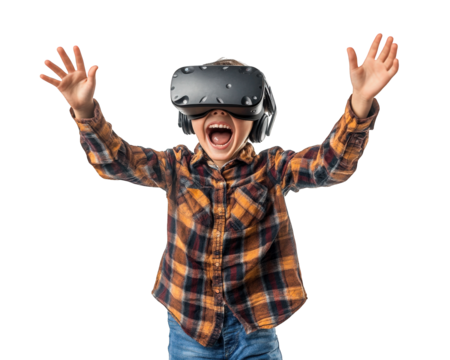 child wearing VR headset with excited expression, arms raised in joy. scene captures thrill of virtual reality experiences