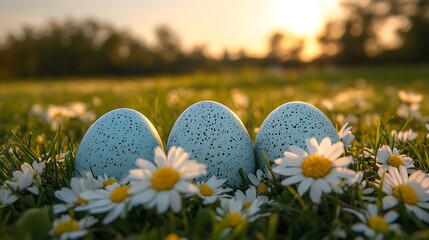 Three speckled blue eggs nestled in daisies at sunset.