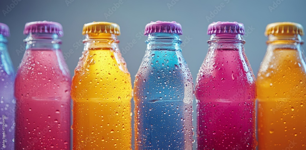 Poster a vibrant and refreshing display of multicolored drinks in glass bottles adorned with condensation, 