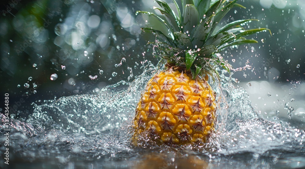 Poster a vibrant and refreshing pineapple is submerged in crystal clear water, creating dynamic splashes an