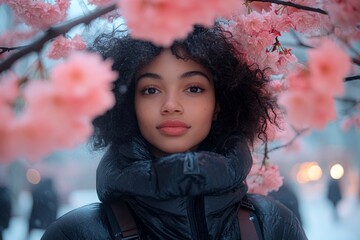 Commercial promotion conceptual art. Attractive mixed-race young woman surrounded by cherry blossoms. Spring mood, golden hour in sunset. Woman with cherry blossoms in colorful garden.