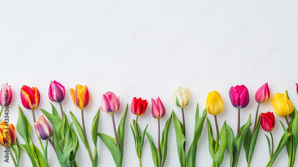 Poster a vibrant array of tulips in full bloom, arranged in a neat row on a clean white surface