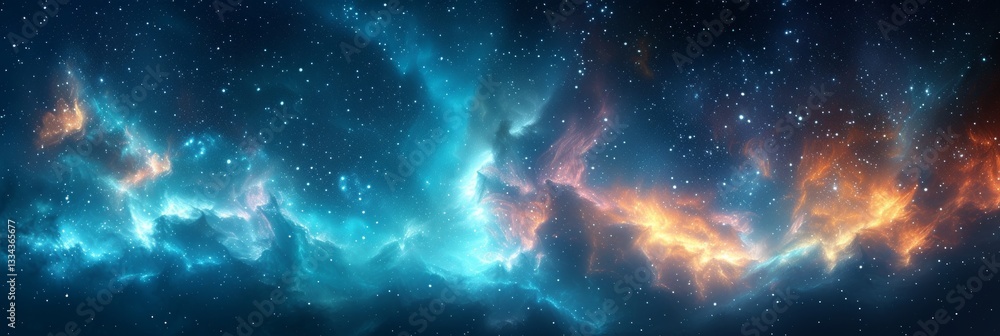 Poster beautiful aerial view of a night sky with glowing aurora and starry constellation over land with emp