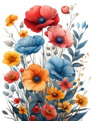 Beautiful arrangement of meadow flowers in summer with delicate watercolor petals on a clean white background