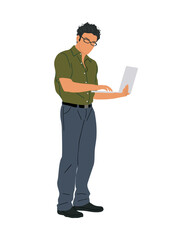 Business man working at laptop. Handsome young man wearing suit standing with computer. Vector realistic illustration isolated on transparent background. 