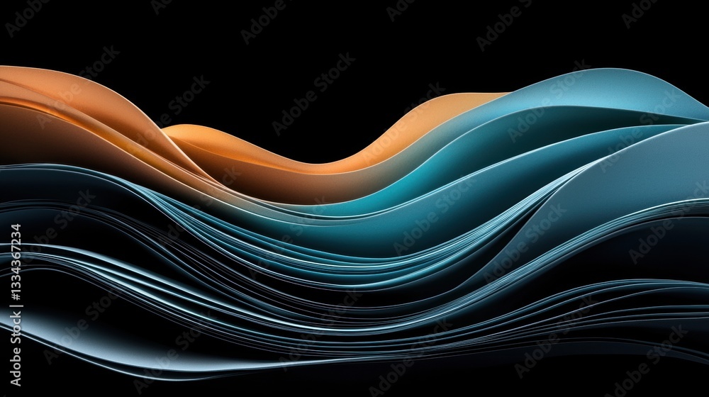 Aufkleber a 3d rendering of abstract wave-like shapes in various shades of blue and orange.