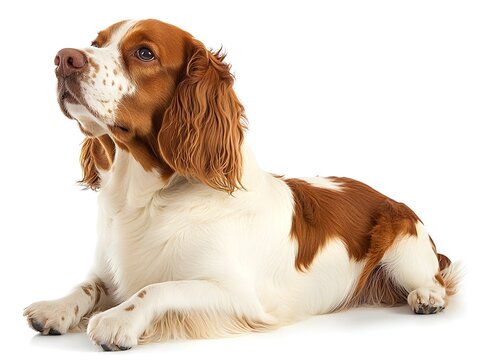 An adorable Welsh Sper Spaniel dog lies down on a white background looking attentively upward.