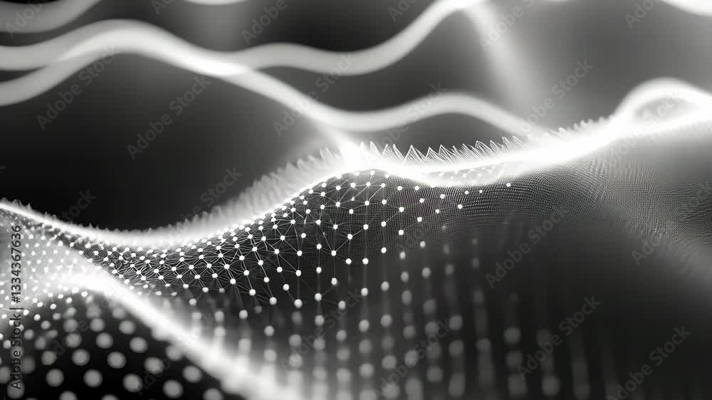 Poster black and white digital abstraction. futuristic 3d grid with dot structure.