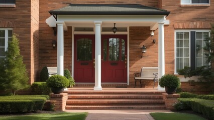 A stately brick colonial house surrounded by lush greenery and neatly trimmed hedges.