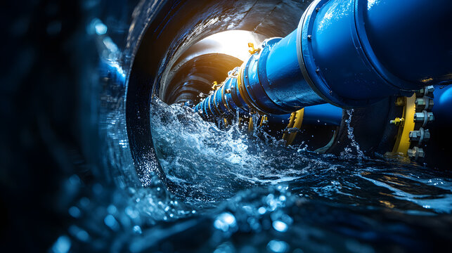 Nahaufnahme eines blauen Wasserrohrs mit spritzendem Wasser &ndash; Infrastruktur und Versorgung
