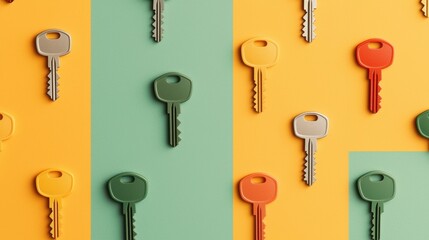 A collection of colorful keys arranged in a grid pattern.