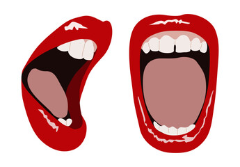 Girl mouth screaming, Wide open sexy Female Mouth with Lips, Teeth and Tongue shouting announcement front and side view. Vector flat realistic illustration isolated on white background.