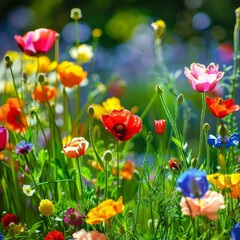 Fototapeta premium A vibrant meadow bursting with colorful wildflowers in full bloom, bathed in warm sunlight and gentle breezes, creating a serene atmosphere
