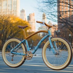 Elegant Bamboo Bicycle with Tan Tires on Urban Street in Sunny Cityscape View