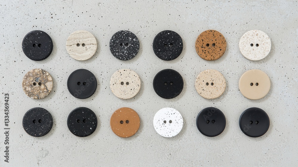 Poster a collection of sixteen buttons, each with a unique color and texture, arranged in a grid pattern on