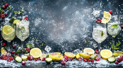 Festive drinks on snowy surface with lemons, berries and mint against a mottled blue background