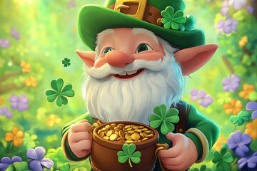 Cartoon image of a Leprechaun with a pot of gold