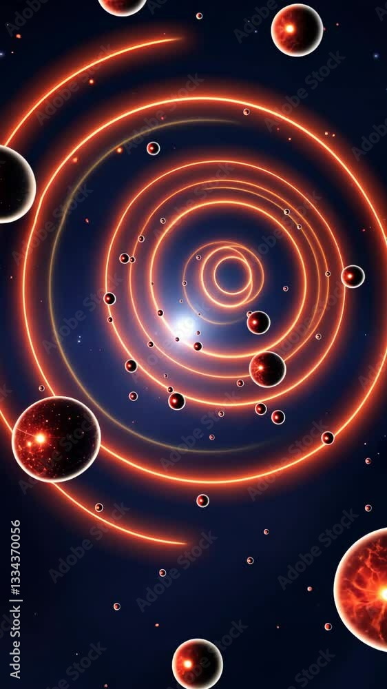 Poster A blue background with orange circles and red dots. The circles are in different sizes and are scattered throughout the image