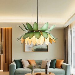 A green and yellow flower lamp hanging from the ceiling in a living room