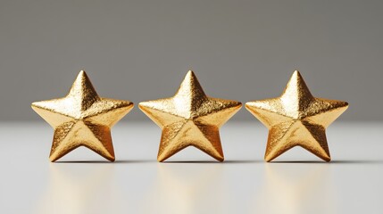 Obraz premium Five polished golden stars align in a row on a white background, showcasing a premium metallic texture and soft shadows for a luxurious rating symbol.