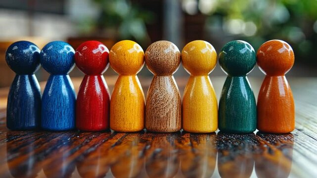 Colorful Wooden Figures in a Row Representing Diversity and Unity