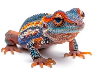 Fototapeta premium A vibrant, colorful gecko with intricate patterns poses against a clean white background showcasing its unique beauty and texture.